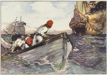 Rowing to a safe distance, the pirates lay to and with a fiendish delight watched the flames leap