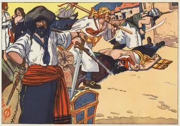 The pirates fared through the streets, burning, plundering and murdering