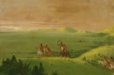 Comanche War Party, Chief Discovering the Enemy and Urging his Men at Sunrise, 1834-1835