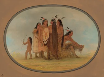 Four Mandan Warriors, a Girl, and a Boy