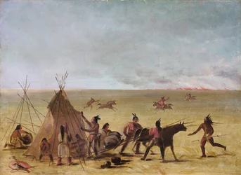 Indian Family Alarmed at the Approach of a Prairie Fire