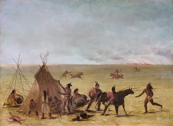 Indian Family Alarmed at the Approach of a Prairie Fire