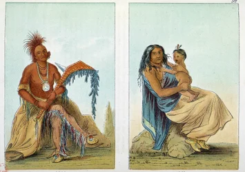 Indians of America: Portrait of a leader of the Osage called Clermont with his wife and son. Illustration by George Catlin