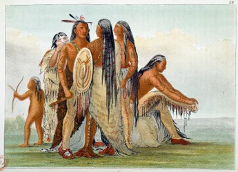 Indians of America. The Mandans: Chief San Ja Ka Ko Kah surrounds with his family. Engraving by George Catlin
