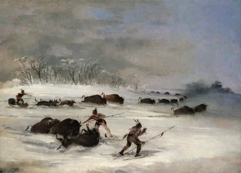 Sioux Indians on Snowshoes Lancing Buffalo