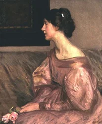 Portrait of a Lady Seated, Half Length in Profile Holding Two Pink Roses and Wearing a Pink Dress