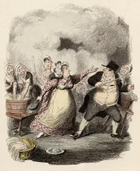 At the hospice, Monsieur Bumble is severely repulsed by his wife, Madame Corney - Mr Bumble degraded in the eyes of the paupers - Illustration for 