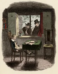 Monks and Fagin observing Oliver sleeping in the Maylie Library (Illustration for 