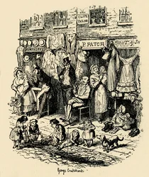 Monmouth Street, Soho, an illustration by G. Cruikshank for Dickens Sketches by Boz