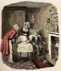 Oliver is collected and cared for by Mr. Brownlow and his housekeeper Mrs. Bedwin - Oliver recovering from the fever - Illustration for "Oliver Twist"