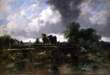 Wooded River Landscape with Horses Working a Lock