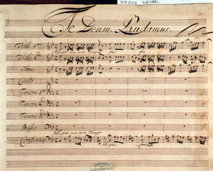 Title page of musical score of Te deum by G F Handel
