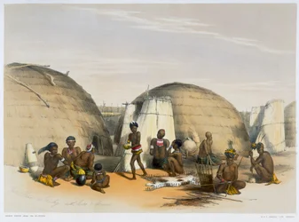 Zulu kraal at Umlazi with huts and screens