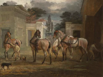 Four Roan Coach Horses with Two Grooms