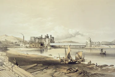 Conway Bridge, Construction of Second Tube, September 1848, engraved by the artist