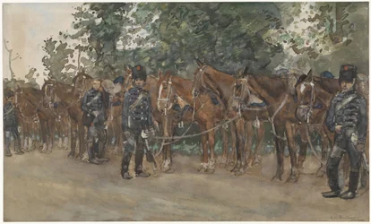Hussars Standing Next to Their Horses by the Roadside