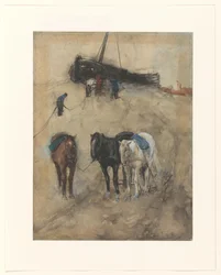 Horses on the Beach, with a Boat and Fishermen in the Background