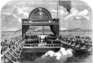 The Prince of Wales laying the last stone of the Victoria Bridge over the St Lawrence river