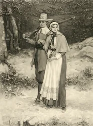 Puritan couple on their way to Sunday worship