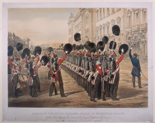 Parade of the Scots Fusilier Guards at Buckingham Palace on the Morning of their Departure for the Seat of War (engraved by E. Walker, published by Colnaghi und Co.)