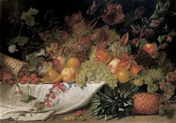 Fruit and Flowers on a Stone Ledge