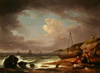 Coastal Scene with Men Mending a Boat