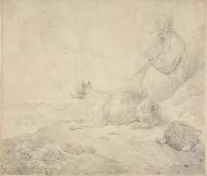 Fisherman and Dog Sitting by the Coast