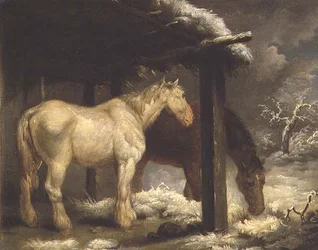 Shire Horses by a Thatched Shelter in a Stormy Wintery Landscape
