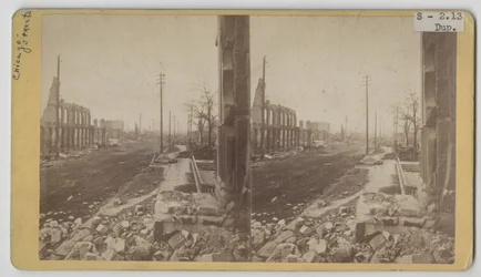 Stereograph view of Clark Street after the Chicago Fire of 1871