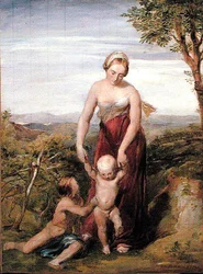 A Woman with Two Children in a Hilly Landscape