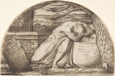 A figure weeping over a grave