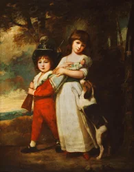 Portrait of the Vernon Children, the Little Girl Standing Full Length in a White Dress Tied with a Blue Sash, Holding a Doll, the Little Boy in a Red Jacket and Breeches, a White Shirt and Dark Green Hat, Holding a Gun, with a Dog Beside Them, in a Wooded 