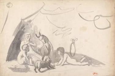 Three Children with a Dog and a Goat