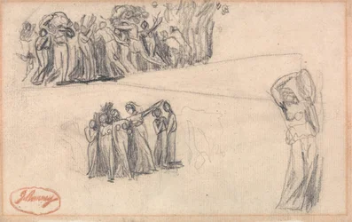 Two Sketches of Women and Children Fleeing and Standing Female Figure Playing Tambourine (detail)