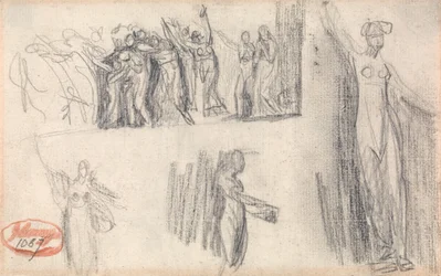 Women and Children Fleeing and Three Sketches of a Standing Female Figure