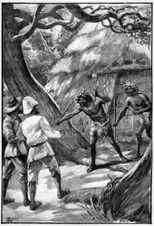 Illustration by George Roux for the Book by Jules Verne The Aerien Village, Hetzel Edition/Extraordinary Voyages, Known and Unknown Worlds. Two Wagdiss Sentinels Threaten Explorers with Their Branched Weapons