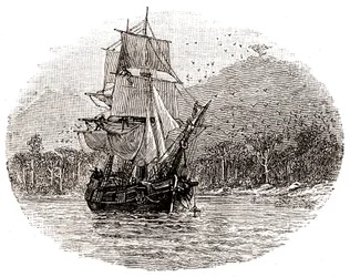 The Hispaniola drops anchor off the island