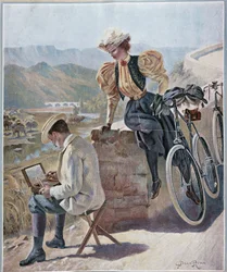 Watercolour and Cycling - Lithography by Georges Roux, circa 1900