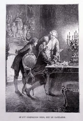 Young Jim Hawkins, Chevalier Trelawnay and Doctor Livesey reconciliabulates in a living room - in 