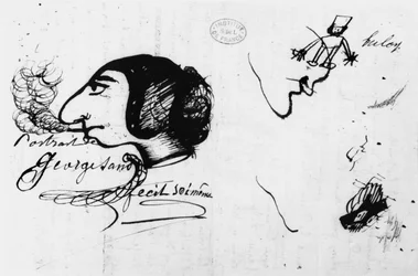 George Sand smoking (1804-76) caricatured by herself
