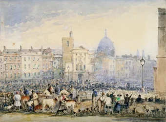 View of Smithfield Market with Figures and Animals, City of London
