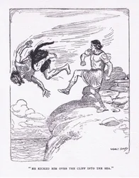 He kicked him over the cliff in the sea, from The Heroes