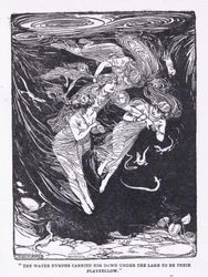 The water nymphs carried him down the lake to their playfellow, from The Heroes published by George Allen and Unwin 1929