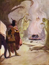 They called the spirits which were three, and the first arose in the likeness of an armed head