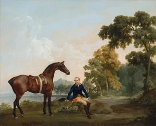 James Hamilton, 2nd Earl of Clanbrassil, with his bay hunter Mowbray, resting on a wooded path by a lake