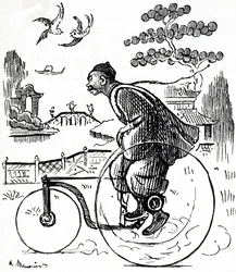 A cartoon depicting a Chinese man riding a tricycle through a park in China