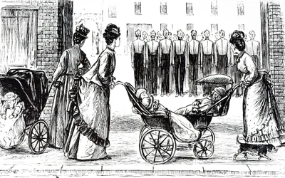 An Engraving Depicting Nursemaids Wheeling Children in Perambulations. Illustrated by George du Maurier