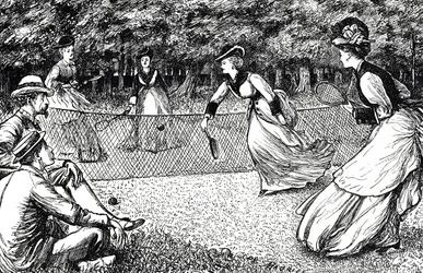 Cartoon depicting a game of lawn tennis