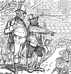 Cartoon depicting a gentleman with a gardener in the vegetable plot