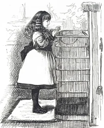 Cartoon depicting a young girl standing in front of a large fireguard